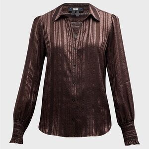 PAIGE KAITLIN PRINTED BUTTON-FRONT SILK TOP IN CACAO